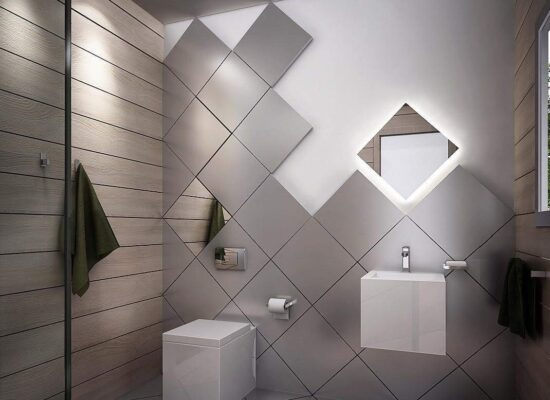 Large square tiles in a diamond style patten on wall with two mirrors a gloss white bason and toilet