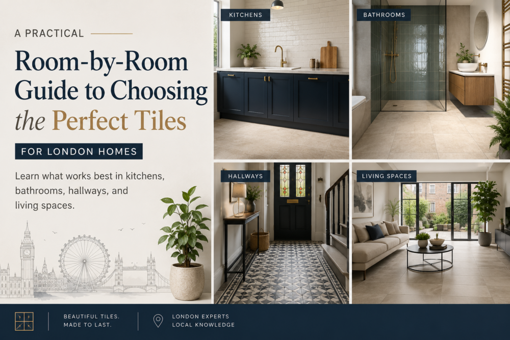 Room-by-room guide showing tile ideas for London home, featuring stylish kitchen, bathroom, hallway, and living room tile designs.