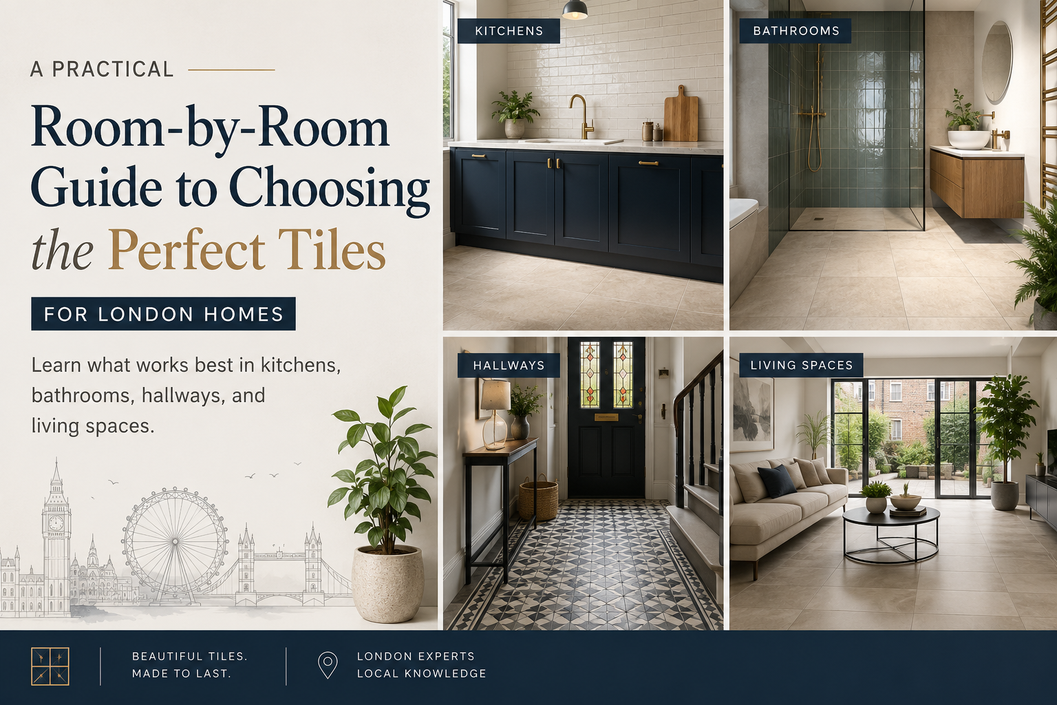 Room-by-room guide showing tile ideas for London home, featuring stylish kitchen, bathroom, hallway, and living room tile designs.