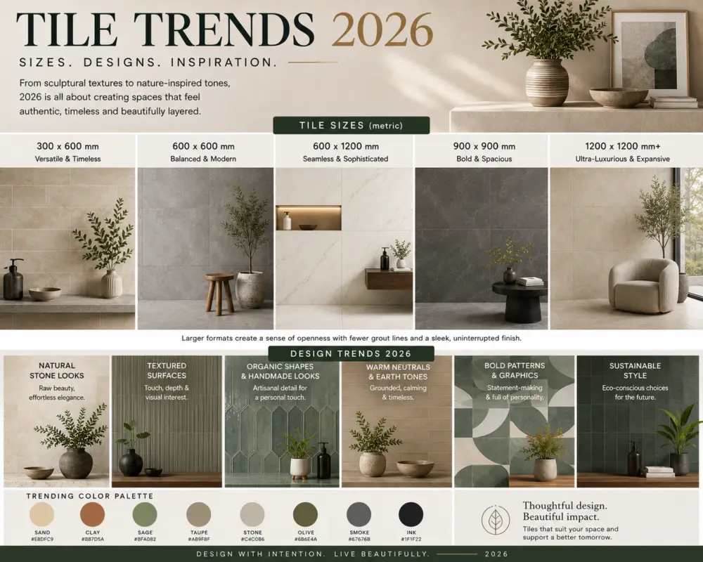 2020 tile trends collage - various tile styles, textures and patterns
