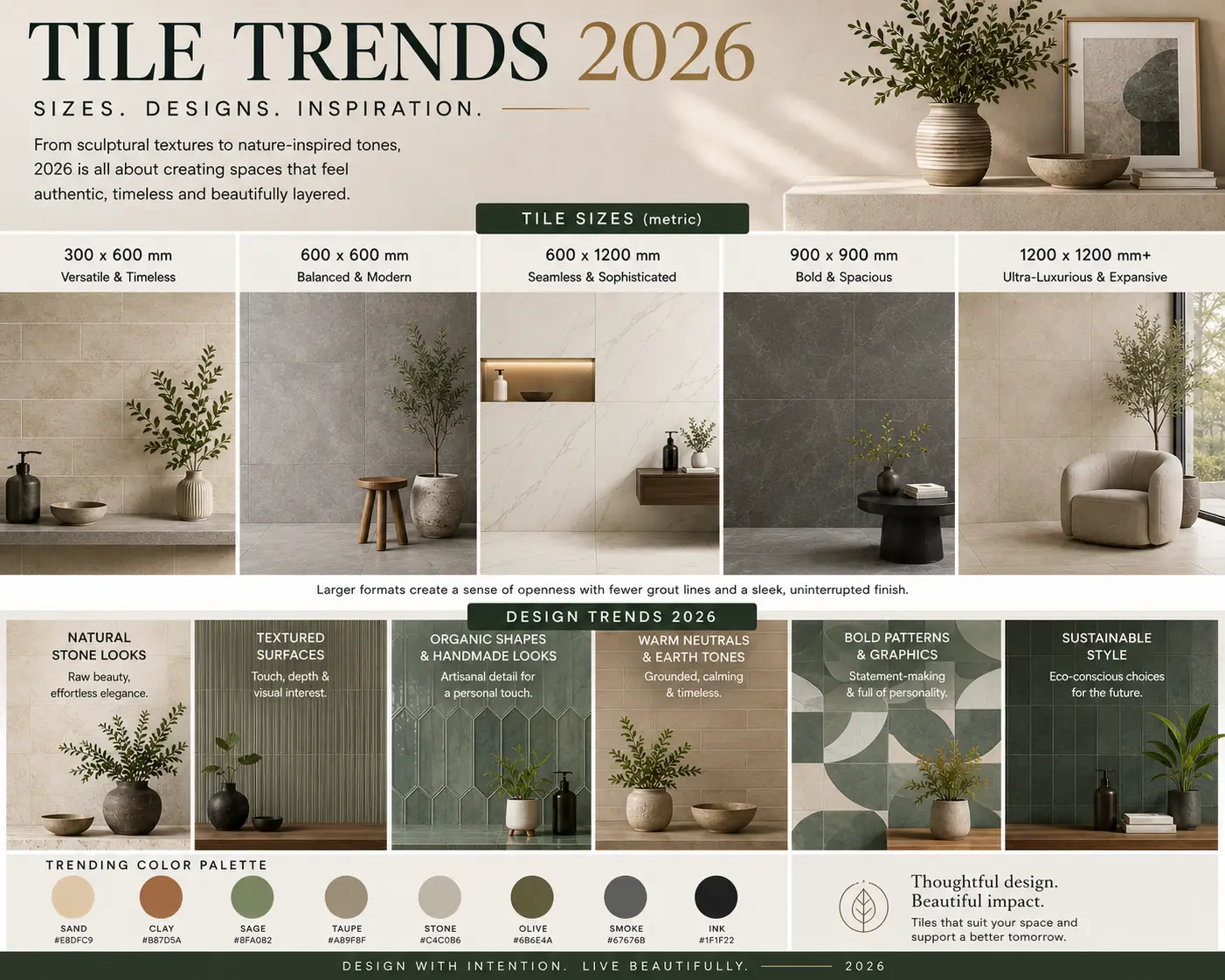 2020 tile trends collage - various tile styles, textures and patterns